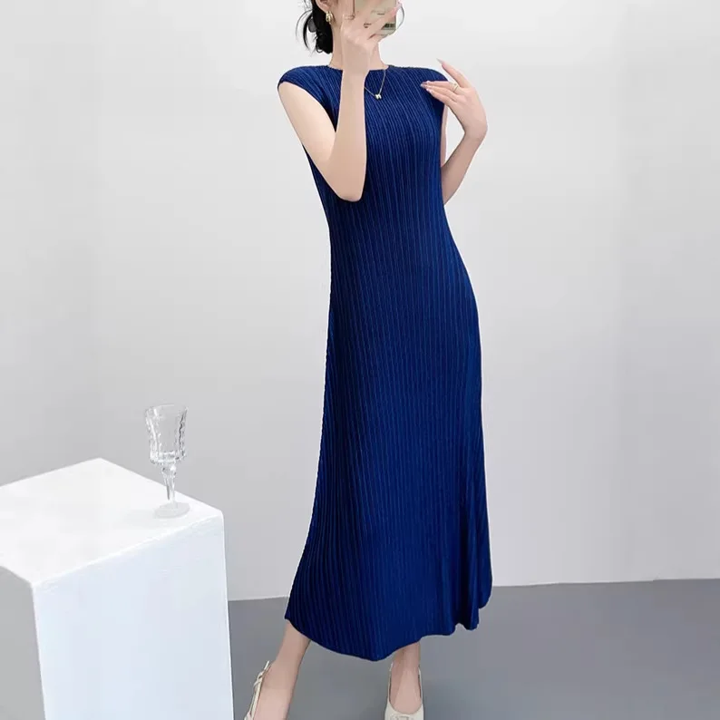 Miyake Pleated Fashion Glitter Dress Women's Elegant Temperament Sleeveless Undershirt Dress Slim Celebrity Pleated Skirt Sub