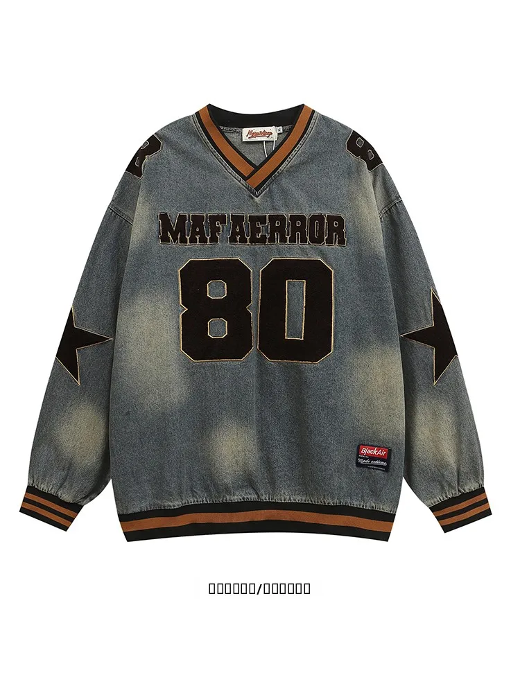 

Свободная толстовка с V-образным вырезом, винтажный джинсовый свитшот в уличном стиле, повседневная мода, осенне-зимняя уличная одежда