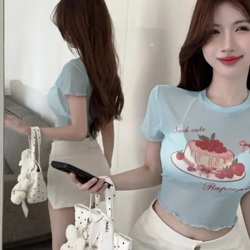 Sexy Cake Print Mesh T-shirts Women Summer Transparent Slim Short Sleeve Thin Tees Sweet Cute Y2k Aesthetic Crop Top