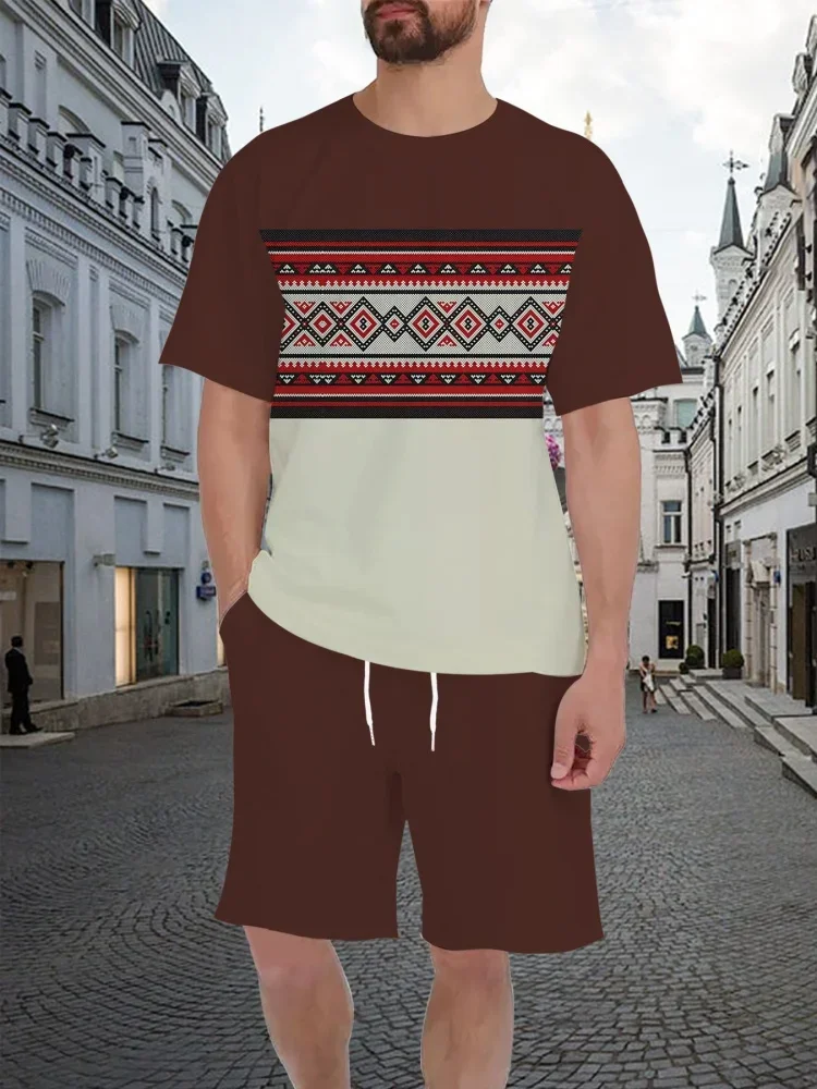 

Men's T-shirt Sets Summer New O-neck Geometric Pattern Color Contrast 3D Printing Half Sleeve Breathable Short Sleeve Suit