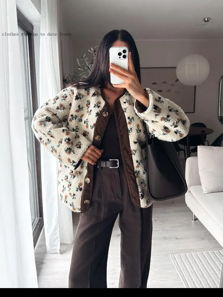 Ležérní kulatý výstřih s jedním řadovým zapínáním na kapsy, volné bundy, dámské denní dojíždění, kancelářský kabát, dámská tištěná krátká fleecová bunda - náhled 3