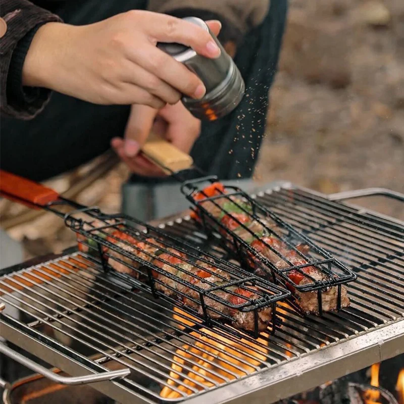 Stainless Steel Grill Grill Cage Wooden Handle BBQ Grill Clip Grill Rack Iron Grill