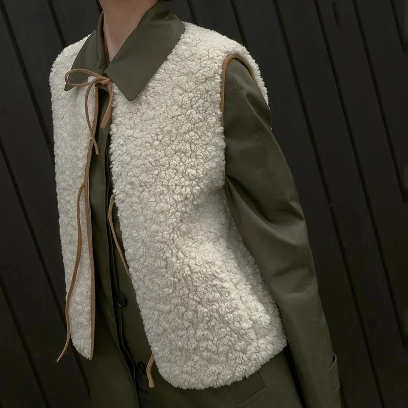 Polar Fleece Lace Up Vest Coat For Women Sleeveless Fashion Outwear Contrast Casual Autumn Winter Female Furry Jacket