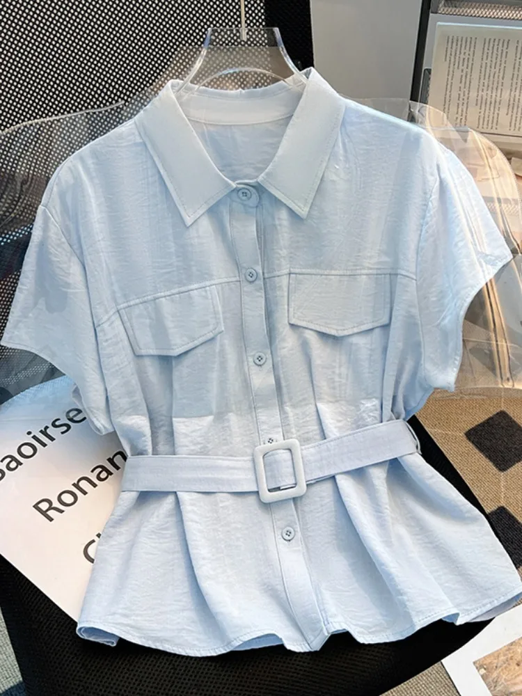 

Slimming ort Sve Collar irt for Women with Waist Belt Loose Fit Korean Sle Commute Cotton Blend Summer Top