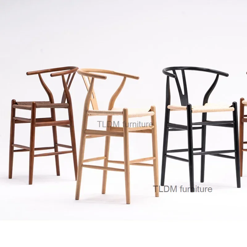 

Nordic Solid Wood Bar Chairs Minimalist Cafe High Bar Stool Bar Furniture Creative Home Armchair Leisure Back Rattan Bar Chairs