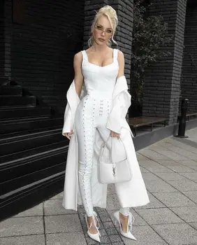 고품질 블랙 화이트 민소매 직조 레이온 밴디지 점프수트, 칵테일 파티 바디콘 점프수트