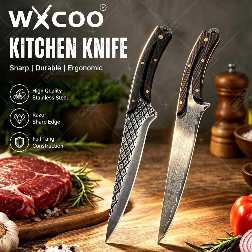 WXCOO Professional Kitchen Boning Knife  Damascus Steel Chef Knife with Wood Handle Meat Cleaver Utility Slicer Cooking Tools