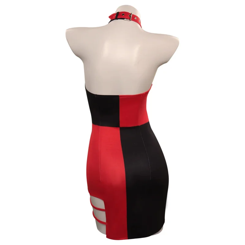 Quinzel-Mini vestido sexy bodycon para mulheres, traje de filme, super vilões, cosplay, sem encosto, roupa de Halloween