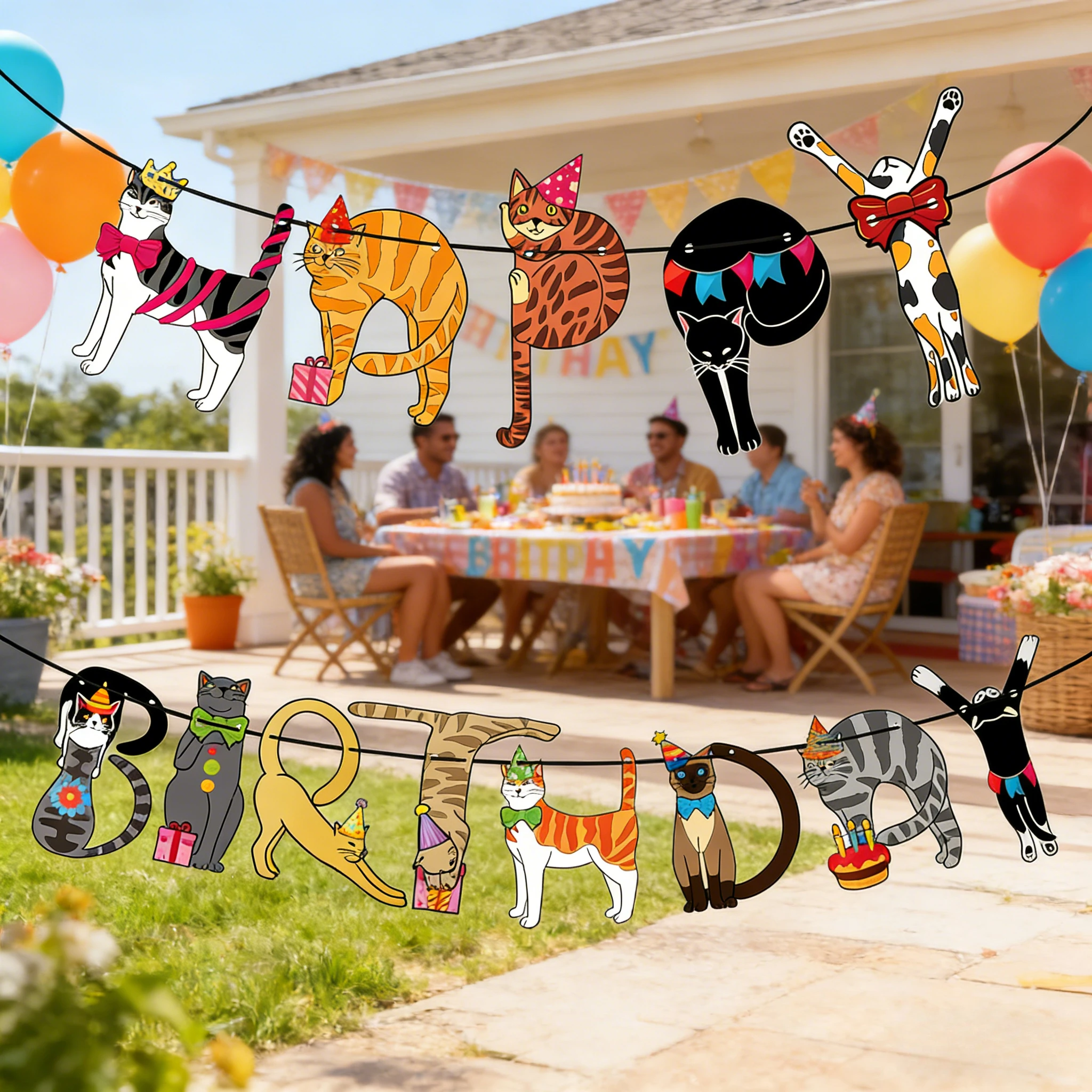 Geburtstagsparty-Banner, niedliche Katzendekorationen mit Happy Birthday-Aufdruck, einfach zu hängendes Banner für Mädchen und Jungen, Geburtstagsparty-Dekorationen. – Detail 5