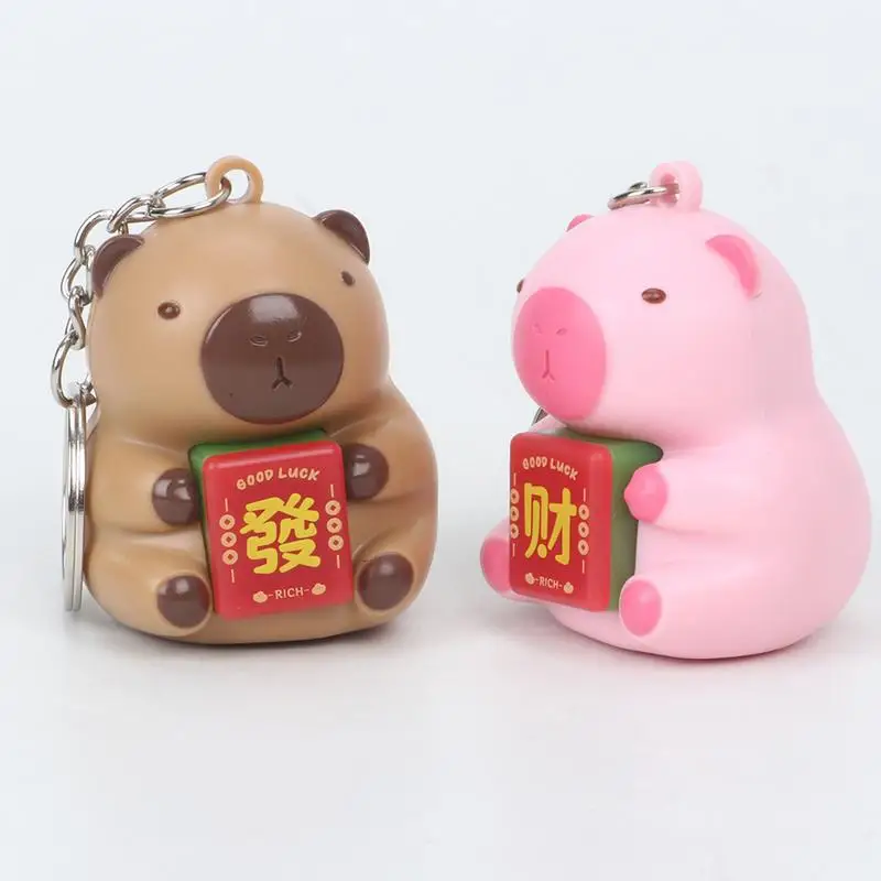 Capybara Mahjong Pendant Good Luck Keychains Cute Animals Bag Pendant Keyring with Sound and Light Capybara Charm New Year Gifts