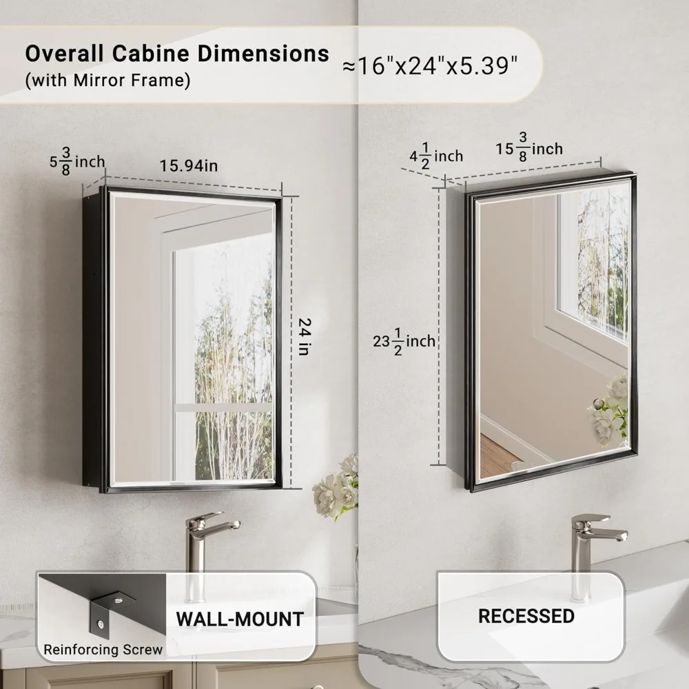 Aluminum Framed 16x24 Inch Medicine Cabinet with Beveled Mirror, Surface or Recessed Mount, Fully Assembled