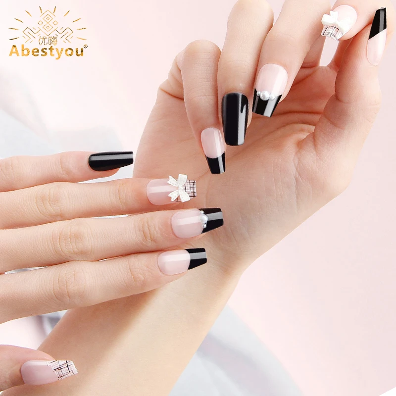 

Abestyou High-end luxury 30pc Press on Nails Kit Medium Ttrapezoidal Ballet Nail White Butterfly Gems Deco 3d Print Detachable