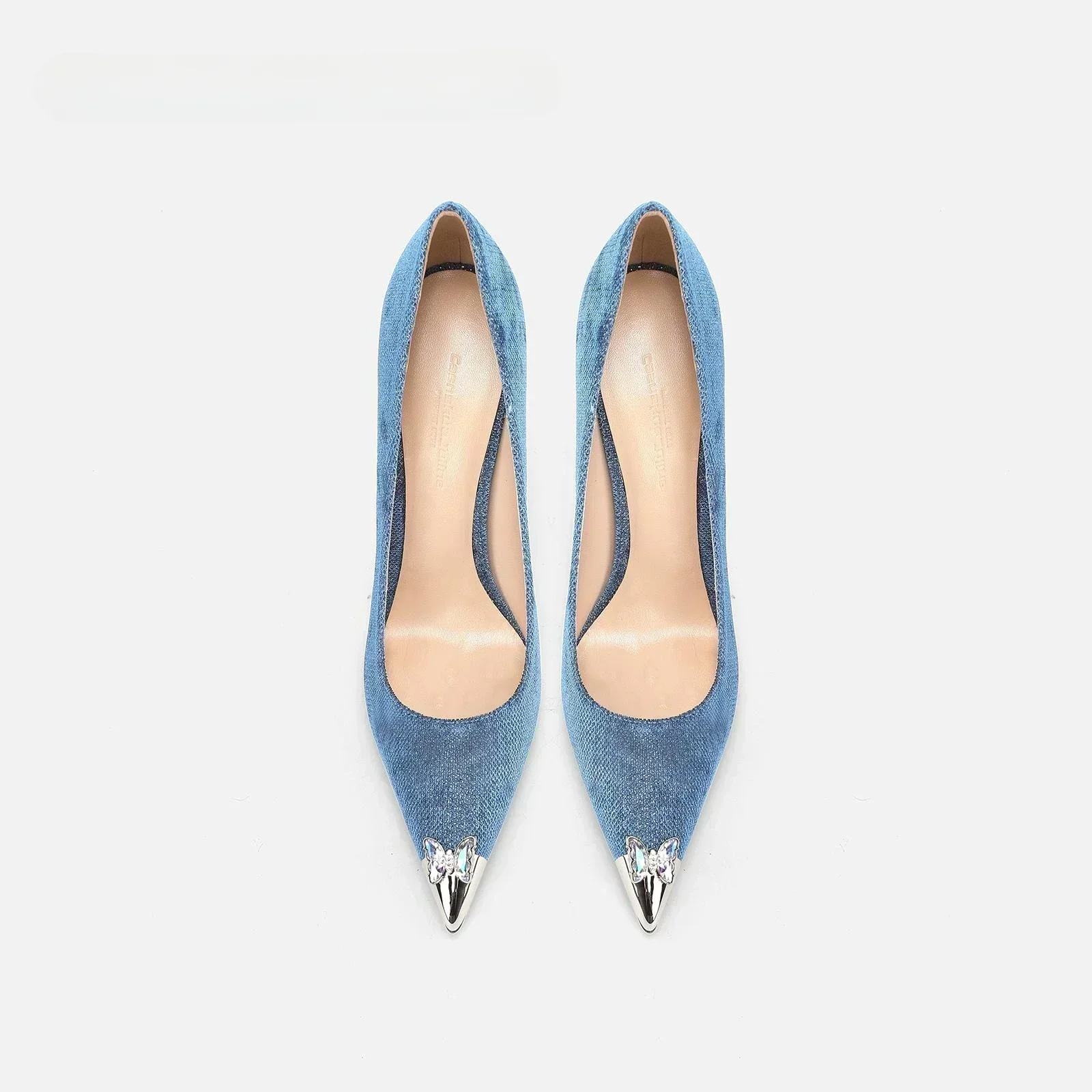 

2025 Women's High Heels Blue Crystal Bow Metal Head Thin Heel Fashion Women's Shoes Zapatos De Mujer