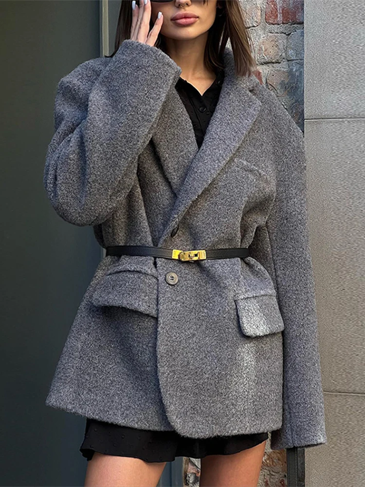 

Elegant Women's Woolen Coat Single Breasted Lapel Pocket Jackets Oversize Lady Office Coats 2024 Autumn Winter Wool Outerwears