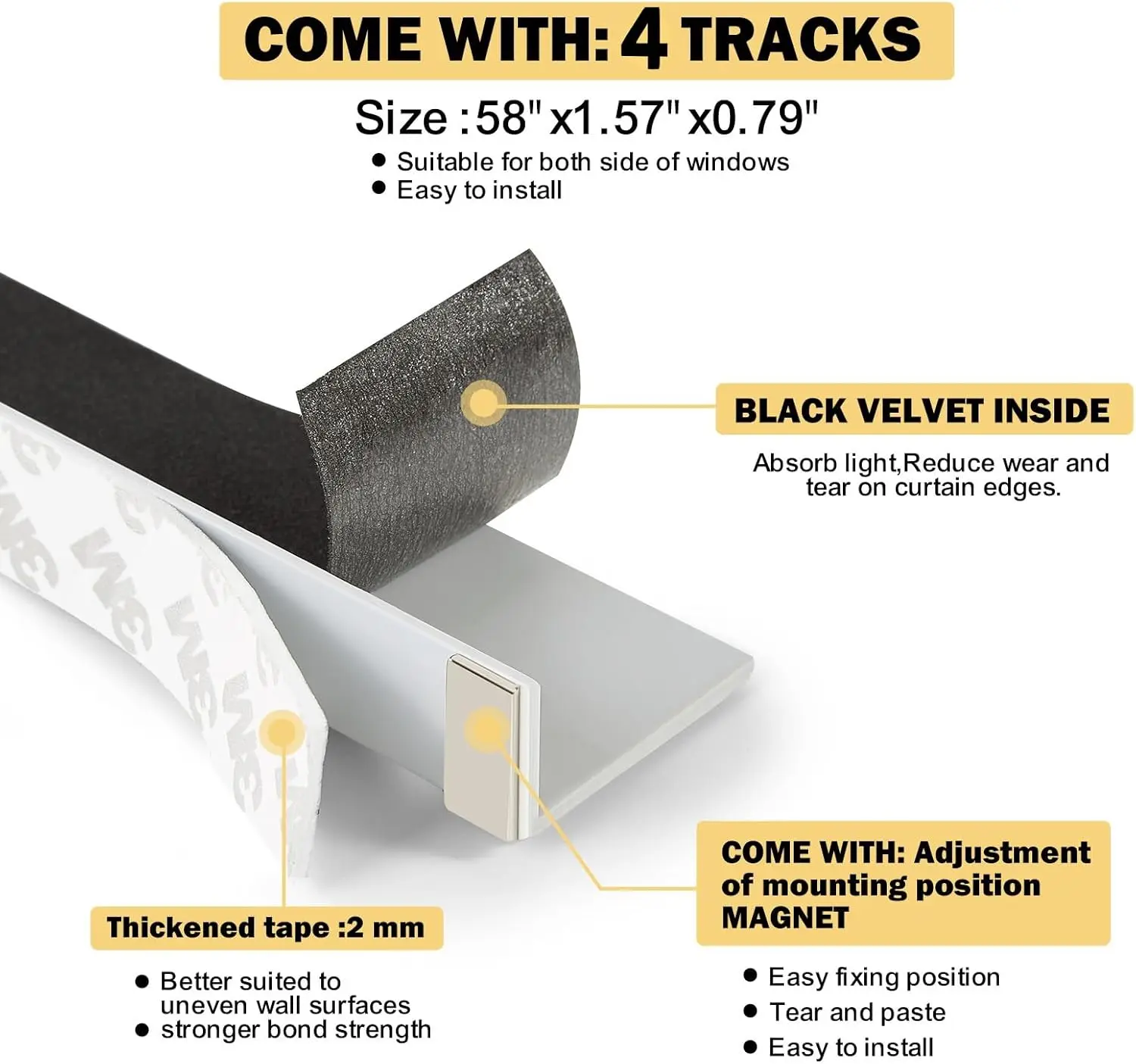 White PVC Light Blocking Strips for Windows, Blocks Sides of Blackout Blinds, 58" 4Pcs