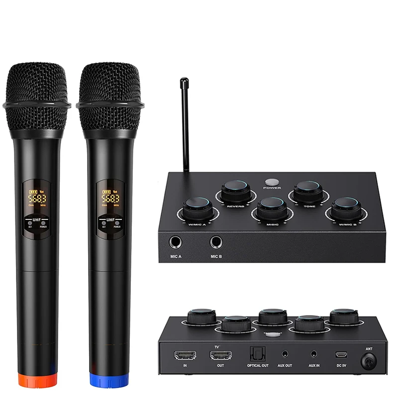 HD Karaoke Microphone Mixer Wireless Receiver System for Smart TV PC Amplifier Speaker with Power Adapter Optical Audio Cables