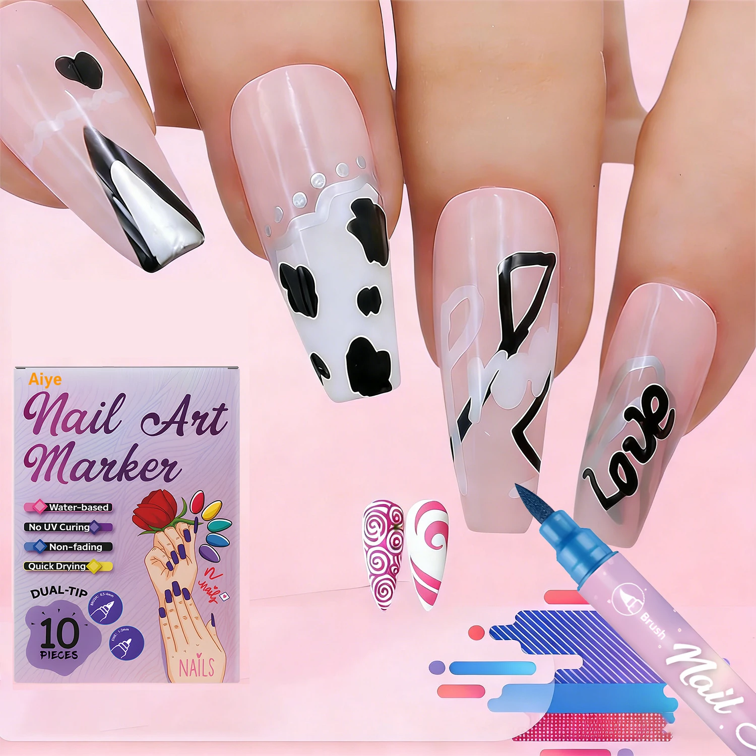 

Набор из 10 цветных ручек для нейл-арта, двусторонние ручки для рисования, лайнеры для акрилового дизайна, водостойкие, быстросохнущие