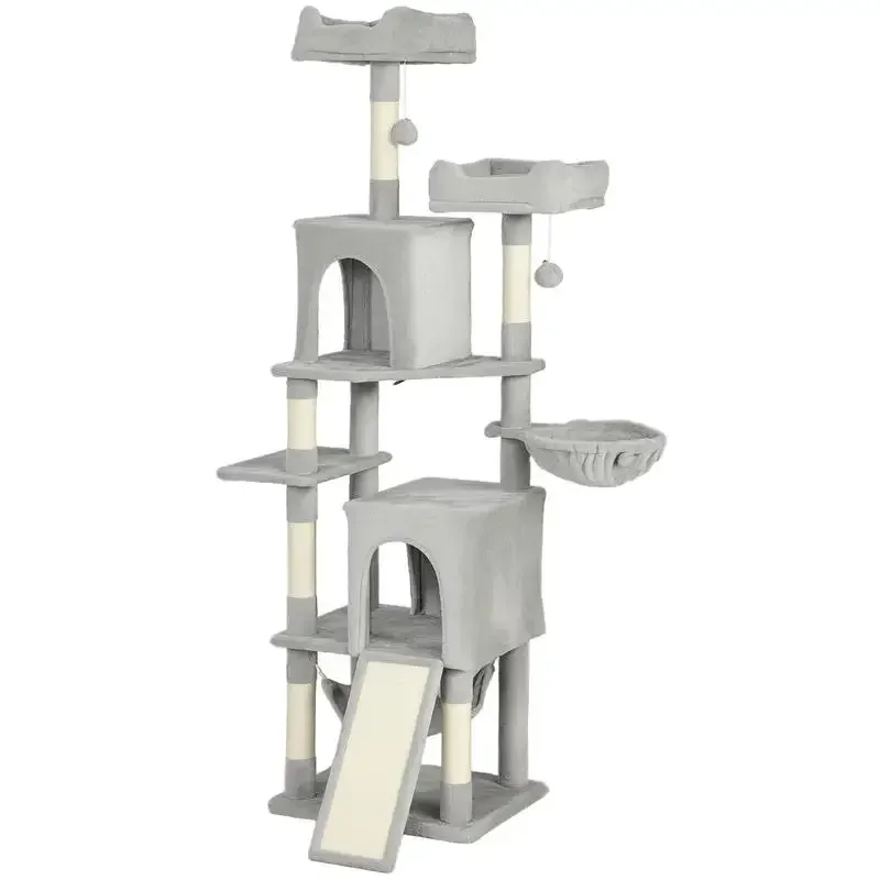 Arbre à chat tour de jeux pour chat 3 plateformes 2 niches 2 lits 2 hamacs 1 échelle hauteur 177 cm gris clair
