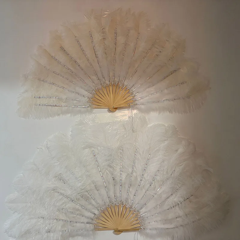 LED Glowing White Natural Ostrich Feather Fan Handheld Folding Big Plumes Fans for Dance Stage Performance