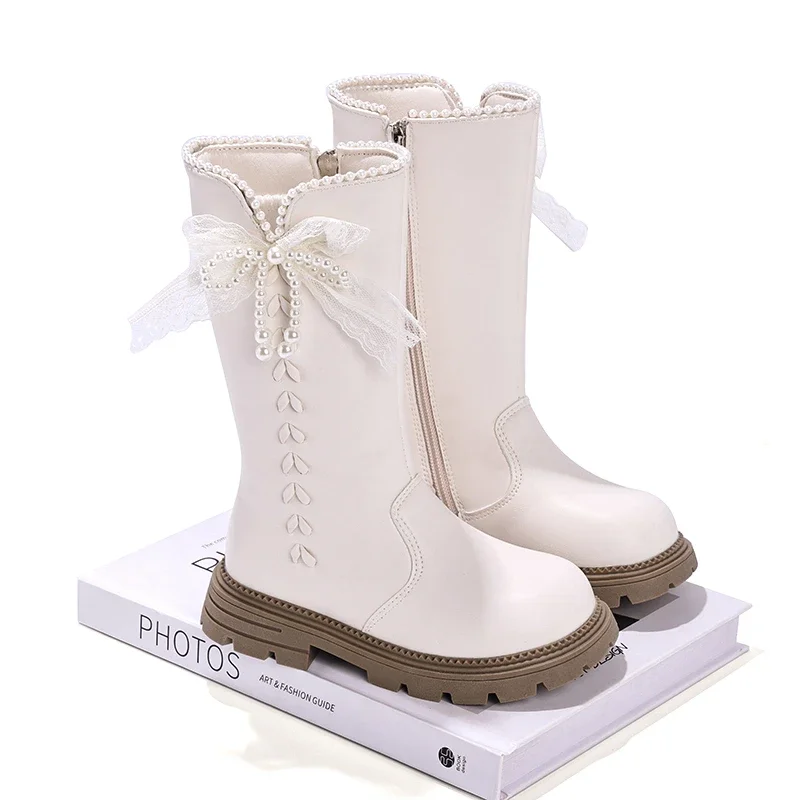 Mumoresip Kids Catwalk Long Boots Lace Bow Girls Princess Mid-calf Boots Thick Bottom Non-slip Children High Boots Side Zipper