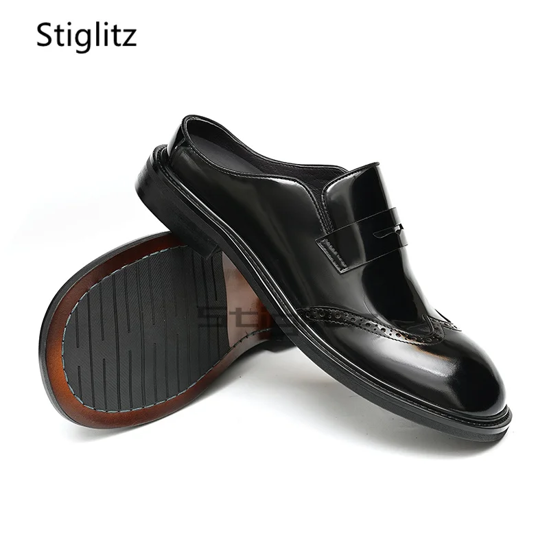 Brogue Cowhide Half Slippes for Men British Style Business Casual Stylish Slip On Round Toe Summer Genuine Leather Mules Shoes