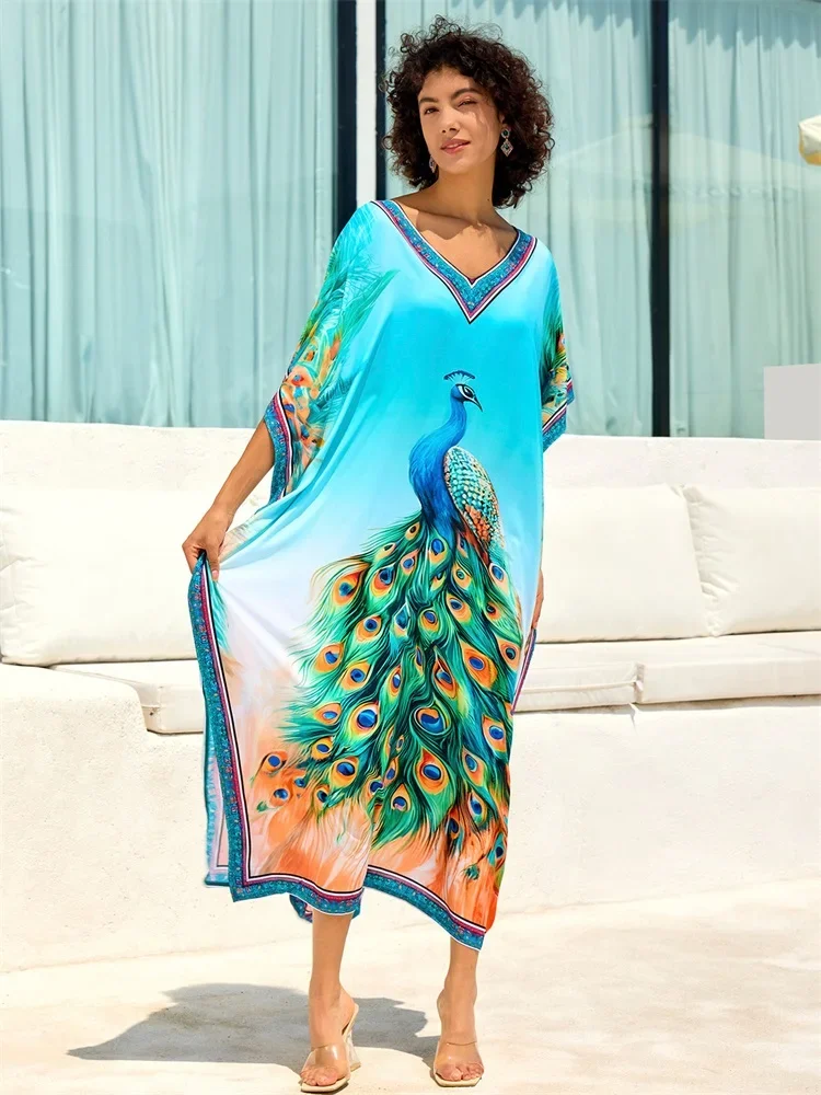 2024 frauen Drucken Böhmischen entspannt Kaftan Beachwear Pfau Outfit Badeanzug Cover Up Urlaub Boho Sommer Kleid Robe Q1674