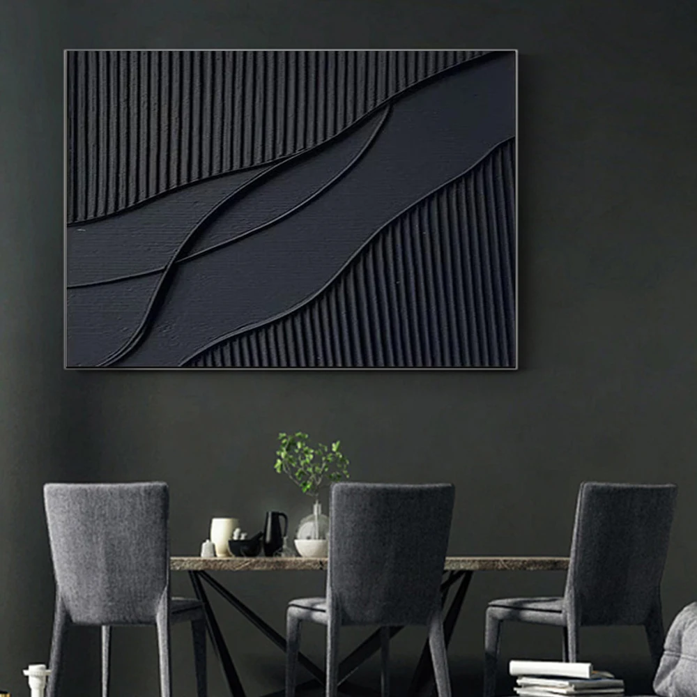 Black Abstract Minimalist Line Wall Black 3D Textured Canvas Painting Modern Norse Art Aesthetic Posters Prints Home Decor Mural view 4