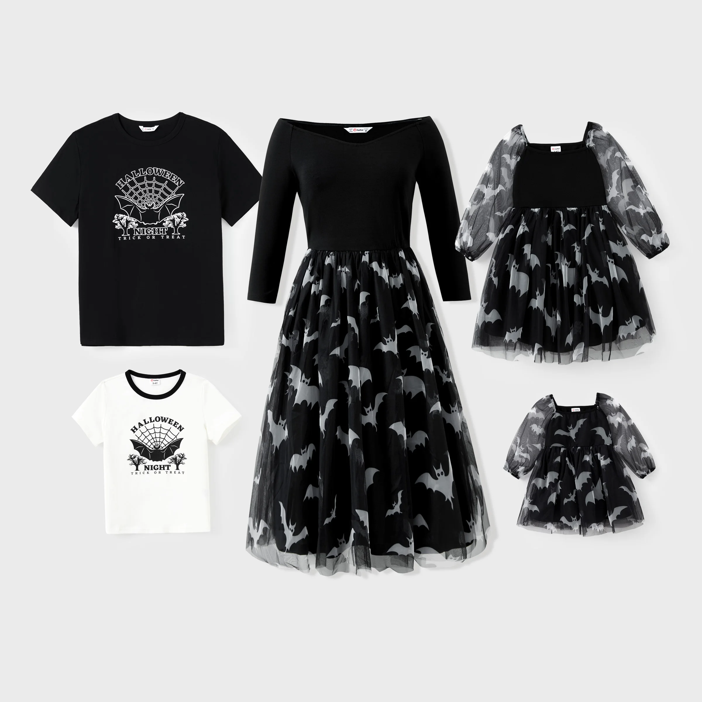 

PatPat Halloween Night Family Matching Bat Print Tee or Bat Allover Pattern Half-Sleeve Tulle Dress