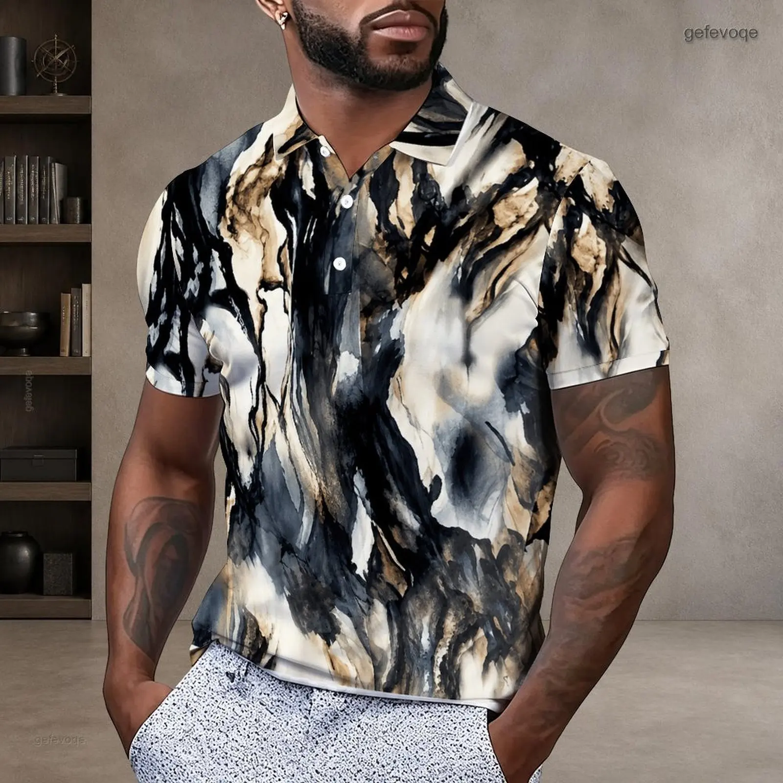 Printed Polo Shirt for Men Short Sleeve Collared Neck Button Placket