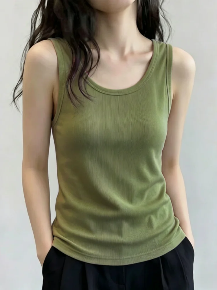 Slim Fit Sleeveless Women's Tank Top U-Neck Casual Style High Elasticity Spring Summer Thread Detailing Inner Wear Outer Wear