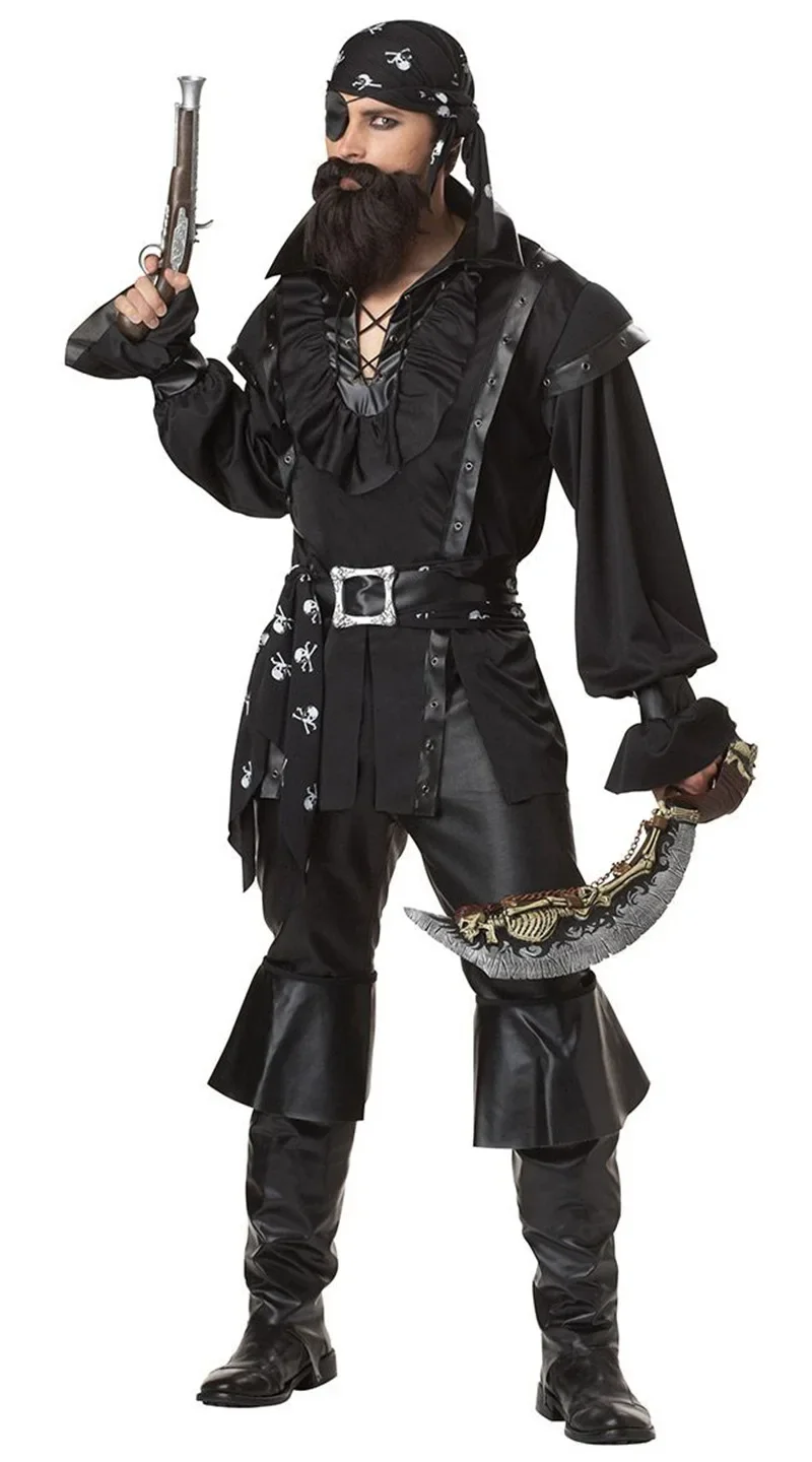 Costume d'Halloween pour Homme Adulte, Déguisement de Carnaval de Luxe, Pirates, Jack Rotterdam Row Cosplay, Eyepatch Beard, 7.5