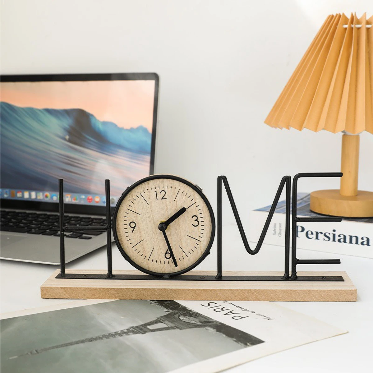 Reloj de Escritorio Home/Love Letter, Reloj de Mesa Minimalista de Madera y Metal, Reloj Decorativo Silencioso de Cuarzo para el Hogar y la Oficina