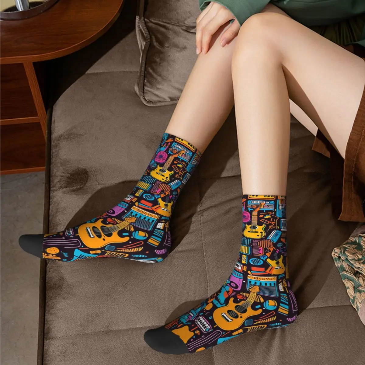 Retro Multiple Musical Instruments Men\'s Socks Rock And Roll Music Unisex Harajuku Seamless Printed Happy Crew Sock Gift