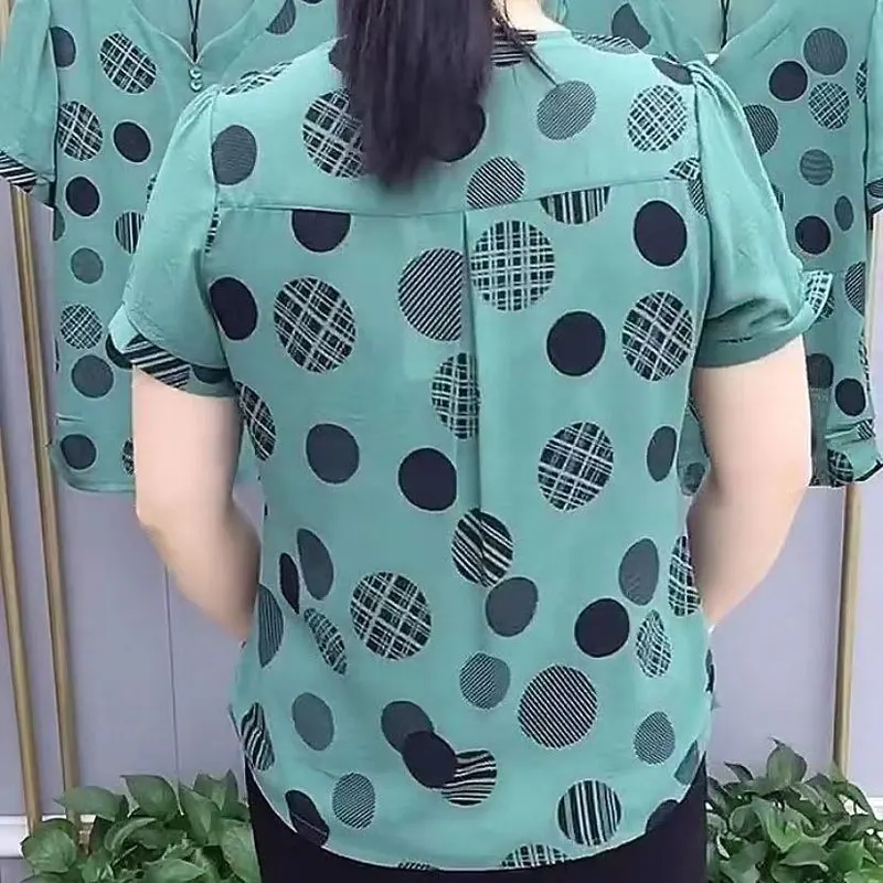 Fashion Polka Dot Printed Blouse Summer Folds Casual V-Neck Women's Clothing Korean Spliced Short Sleeve Button Commute Shirt