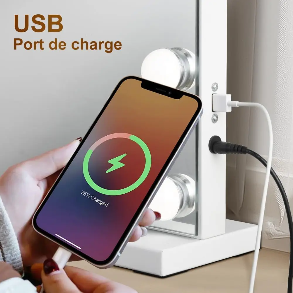 Specchio per trucco grande illuminato a LED con 18 lampadine, dimmerabile in 3 modalità, plug-in e porta USB, bianco
