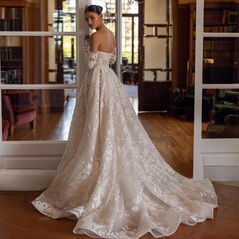 فساتين زفاف رشيقة بدون حمالات على شكل حرف a بأكمام طويلة من فيستدو دي نوفيا عتيقة مطرزة بالدانتيل فستان زفاف مخصص #2