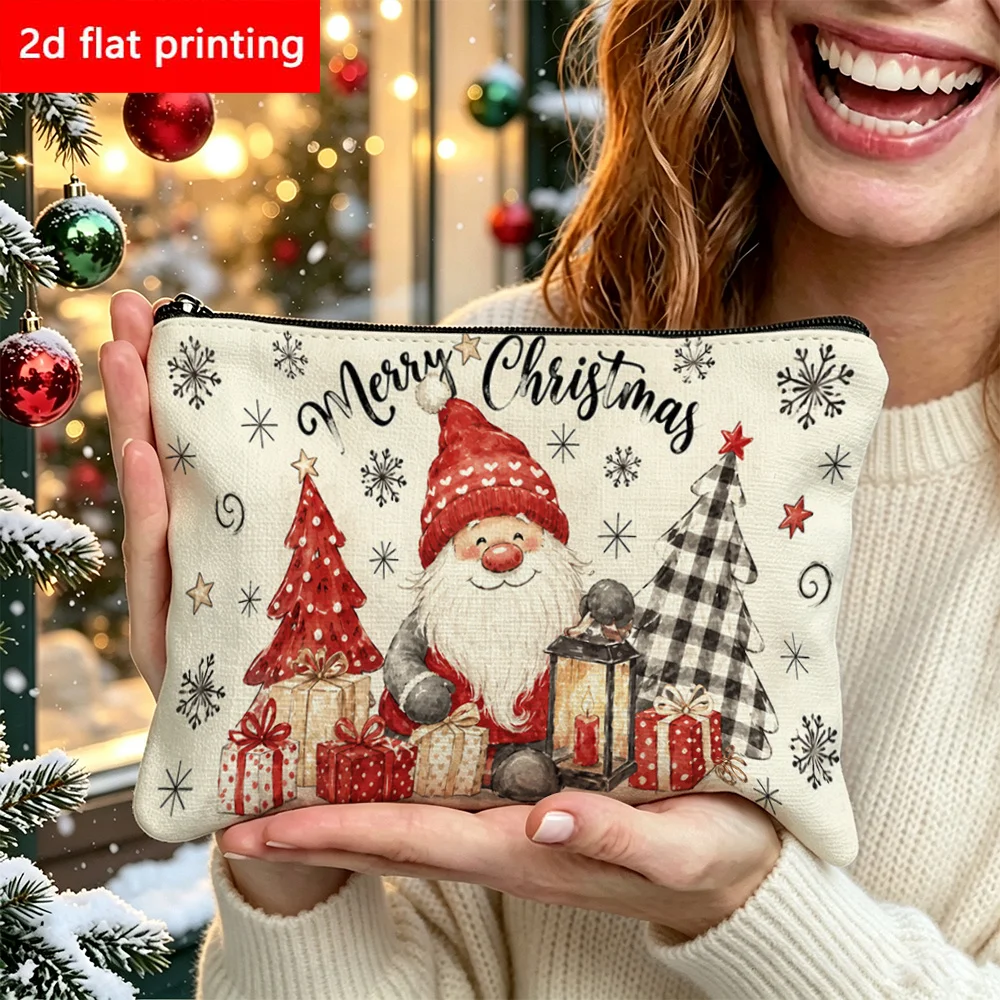 Xmas Merry Christmas Gnome Plaid Tree Lantern Gifts Corduroy Makeup Pouch Portable Travel Cosmetic Zipper Toiletry Storage Bag