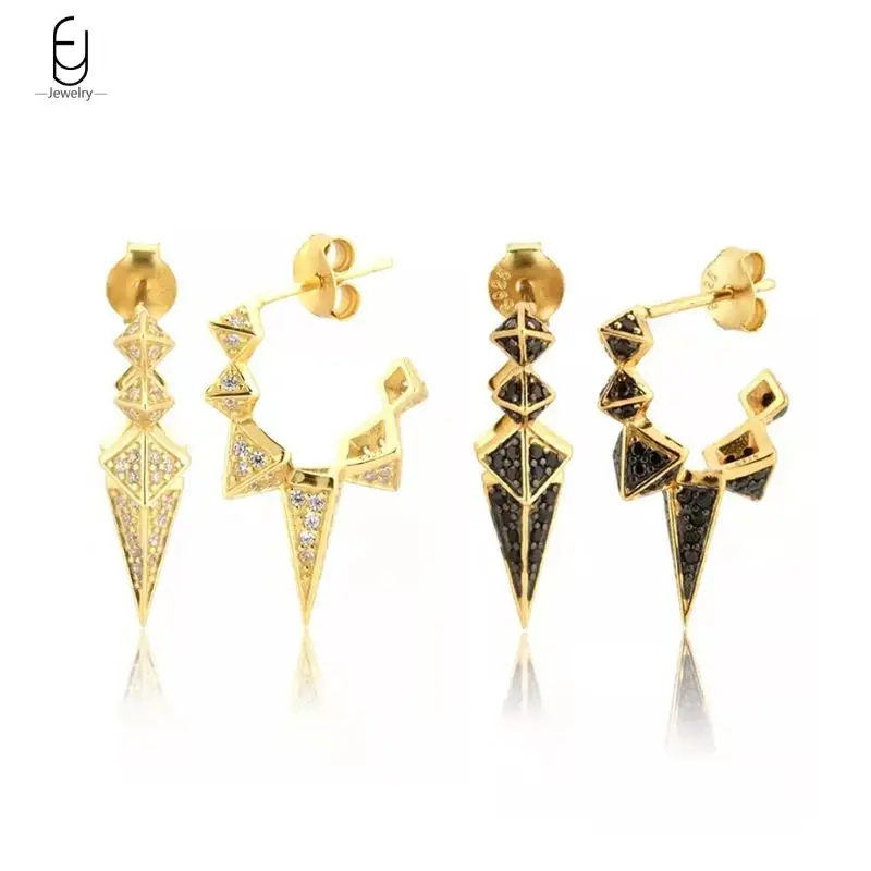 

925 Sterling Silver Needle Rivet C Shape Stud Earrings For Women White/Black Crystal Piercing Earrings Fashion Jewelry Gifts