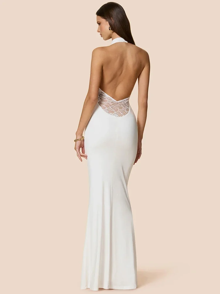 차샤오아 홀터 레이스 V넥 섹시 맥시 드레스 여성용 가운 우아한 레이스 시스루 오프숄더 백리스 바디콘 클럽 파티 롱 드레스