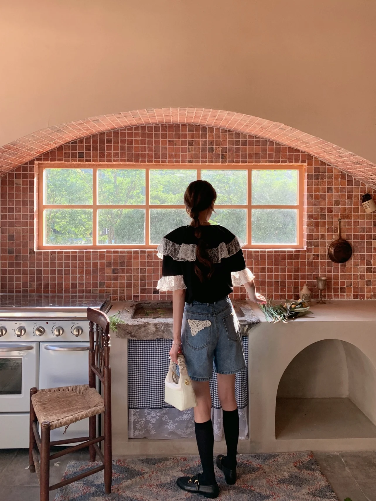 

Джинсы SourceWithU West Coast Sweetheart в американском ретро-стиле, прямые, с кружевными вставками, женские, летние, с высокой талией, темно-синие