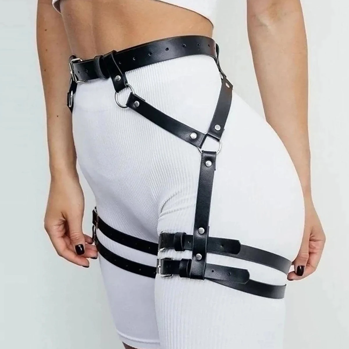 حزام ساق جلدي للنساء، كاجوال، حزام تسخير الفخذ، ملابس نادي المهرجانات، حزام رباط جلدي #1