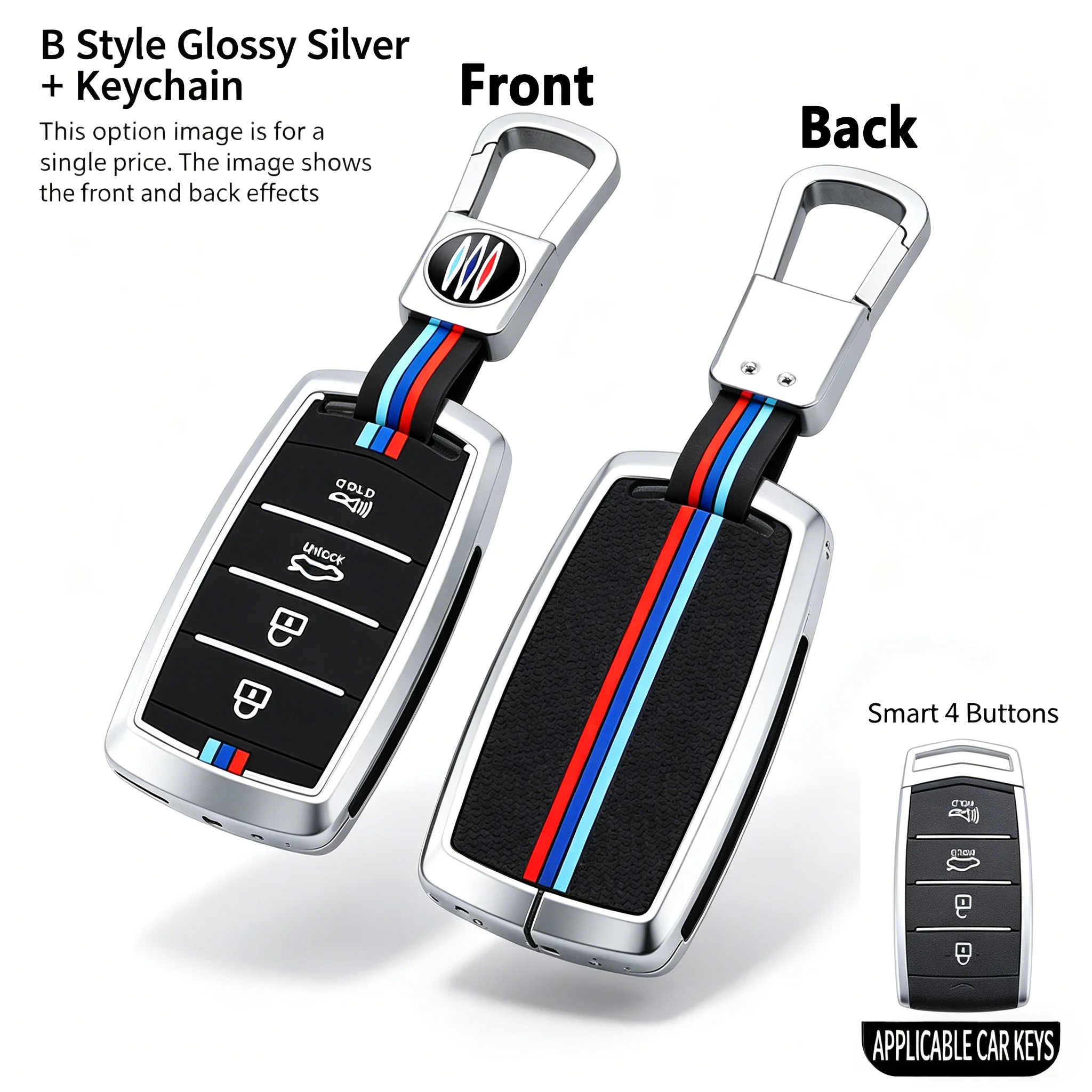 

Glossy Silver Key Fob Cover for Genesis GV60 G90 G80 4-Button Smart Key Protector with Sport Stripes