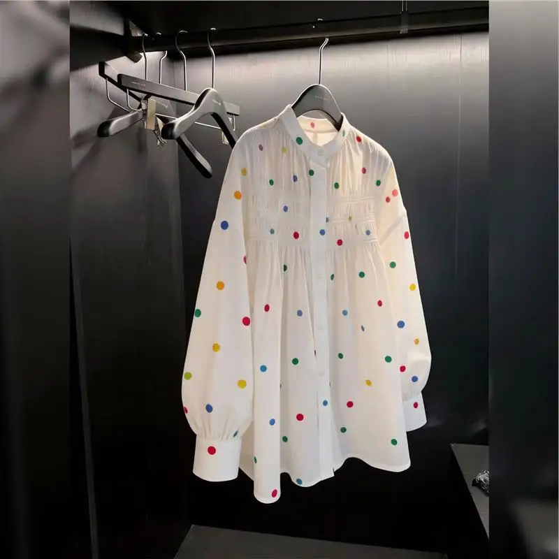 

Spring 2026 Women's Loose Polka Dot White Top Color Block Style Korean Version Commute Style Inner Wear Large Size Fashion