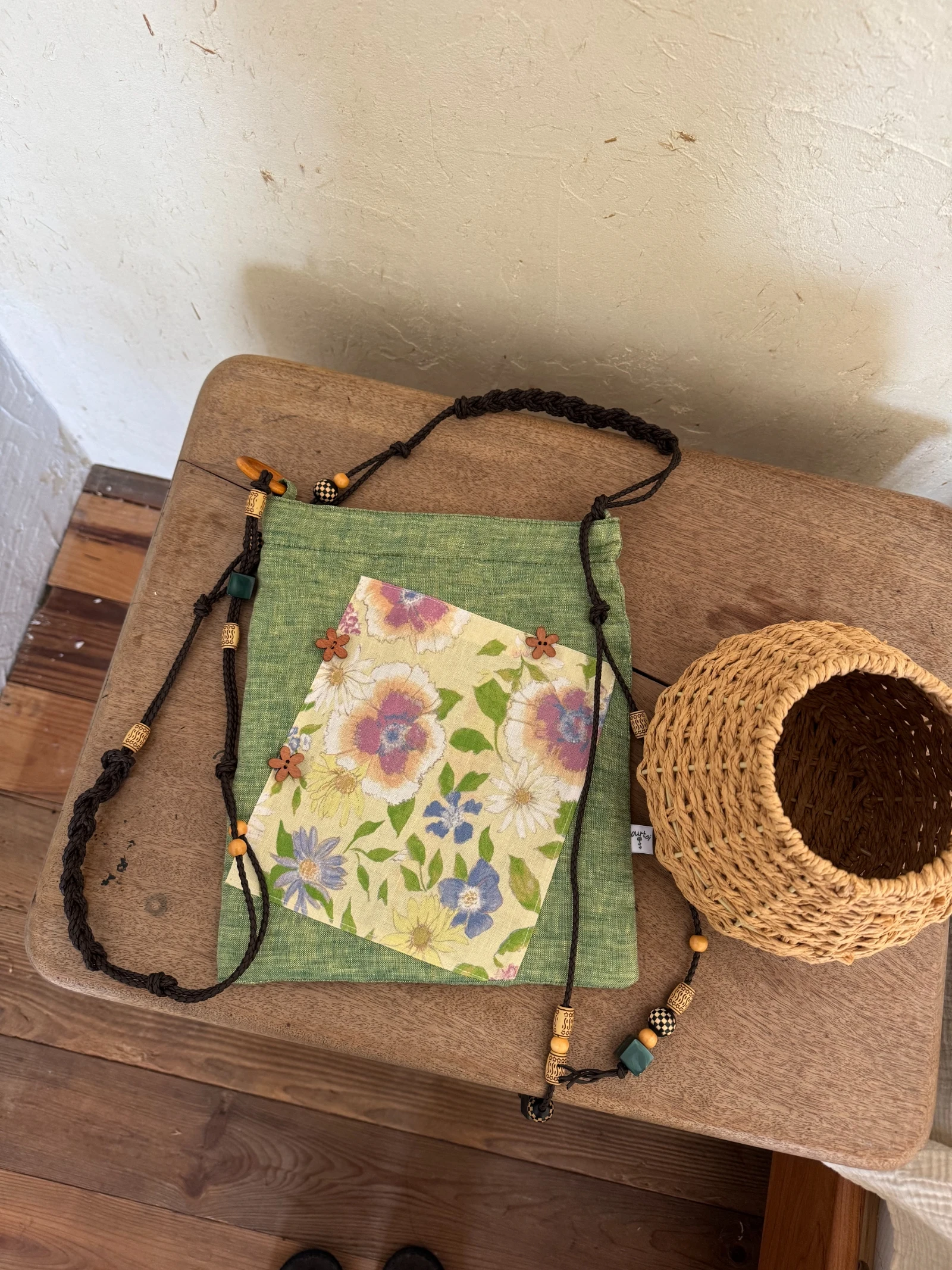 レトロビーズ織りリネン携帯電話バッグクロスボディバッグキャンバストートバッグ花柄ソフト磁気バックル開閉カジュアル