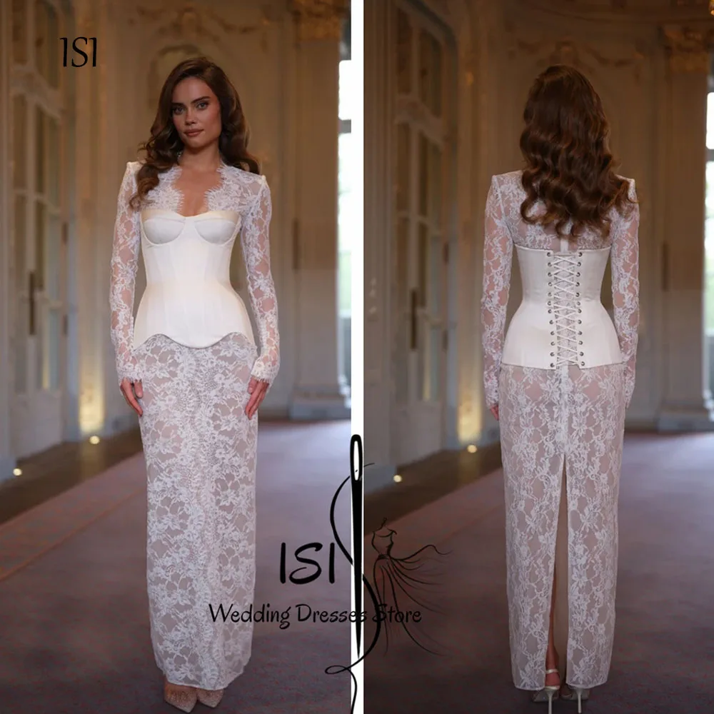 ISI Exquisite Long Lace Sleeves Wedding Dress Elegant V Neck Vestido De Noiva Appliques Straight Evening Dresses Customized