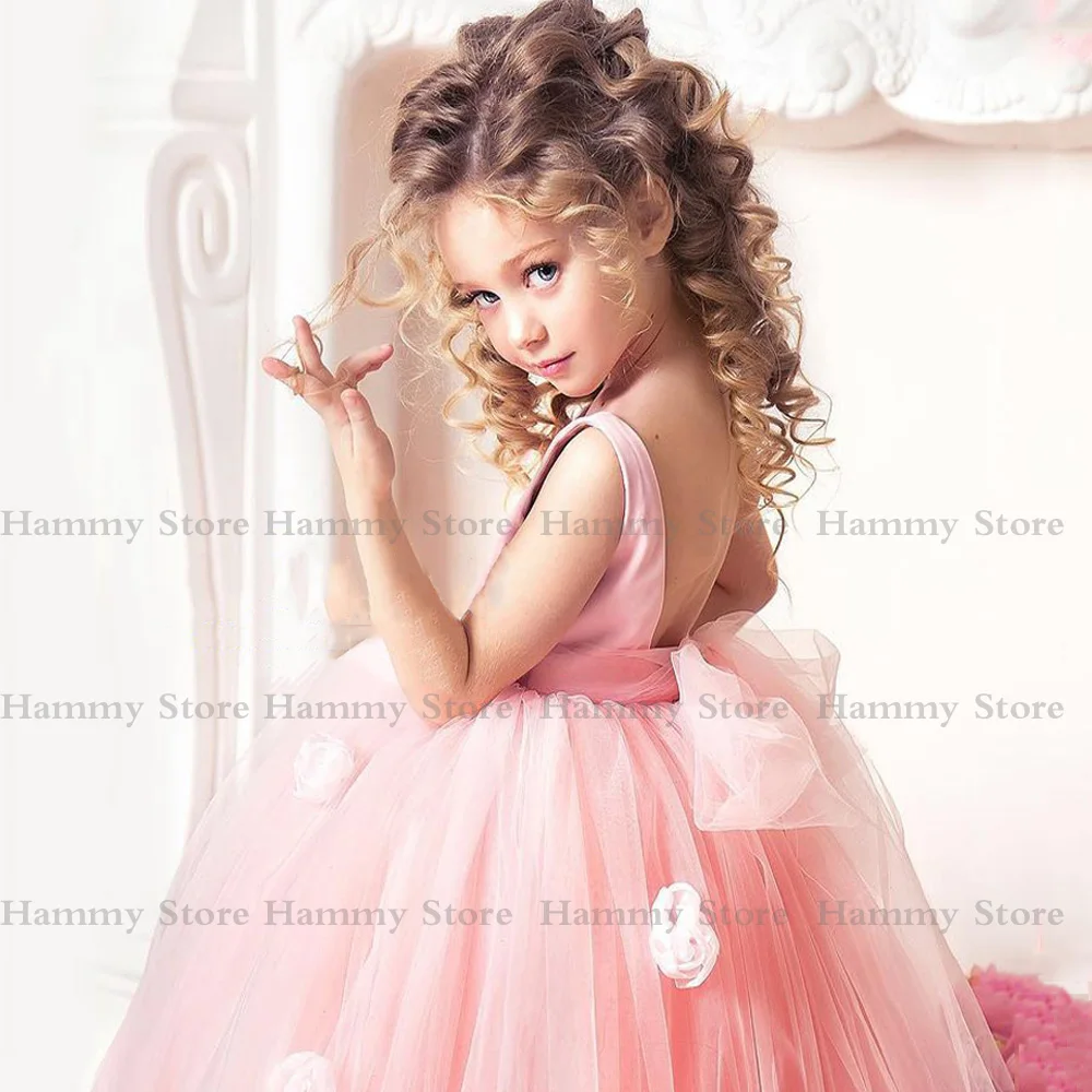 Lovely Pink Flower Girl Dress Sleeveless Scoop 3D Flowers Ball Gown Christmas Party  for Birthday First Communion 