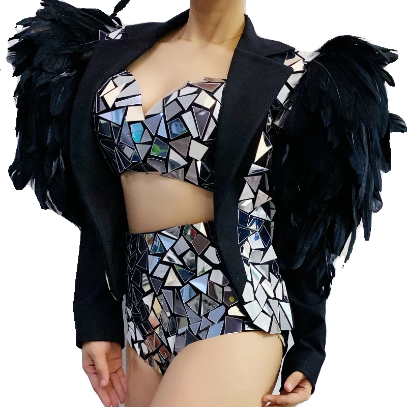 Specchi lucidi Costumi Gogo Donna Cappotto di piume nere Lente Bikini Discoteca Ds Dj Party Jazz Outfit Sexy Pole Dance Wear XS7757