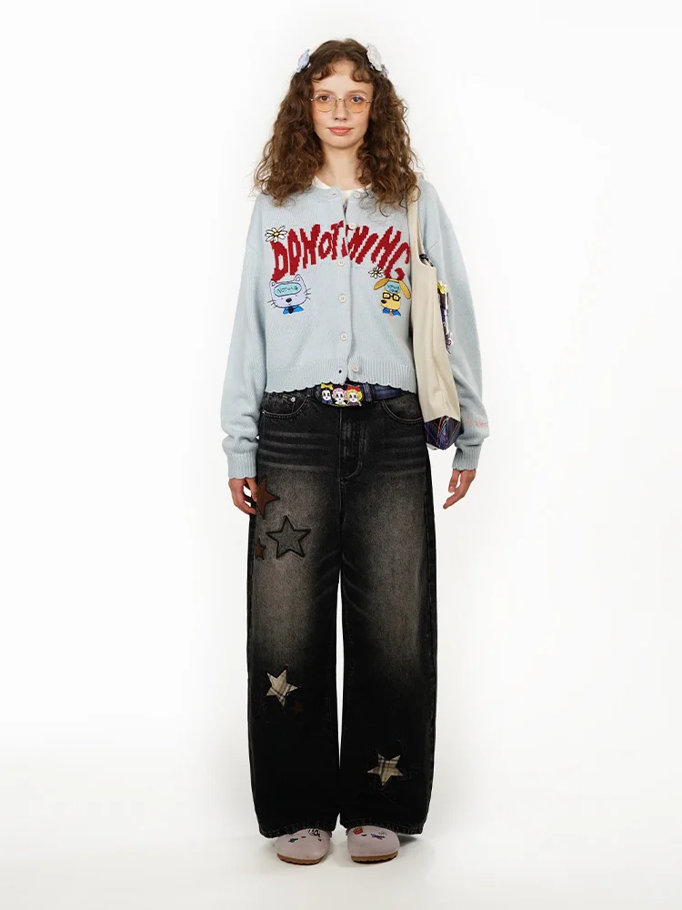TIPSEVEN Original Design Office Lady Series Autumn Winter Star Embroidery Denim Jeans Vintage American Style Patchwork