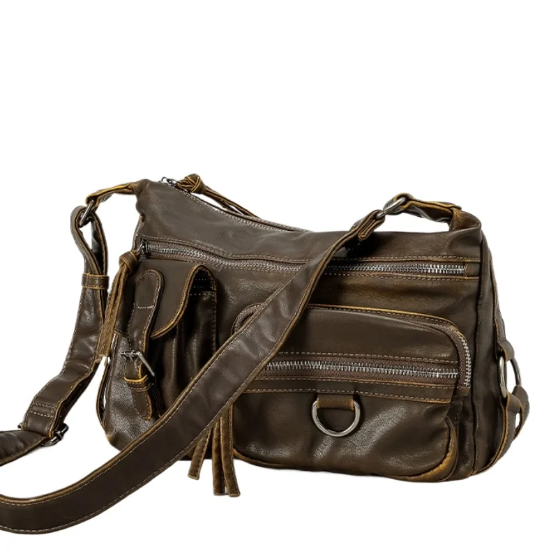 

Коричневая мотоциклетная сумка через плечо в стиле ретро с несколькими карманами, винтажная мягкая кожаная сумка через плечо для девочек, сумка через плечо Y2K для девочек 2025