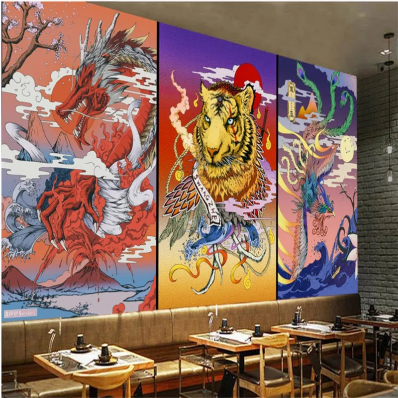 

Retro Japanese Ukiyo-e Dragon Industrial Decor Background Mural Wallpaper Japanese Cuisine Sushi Restaurant Wall Paper 3D